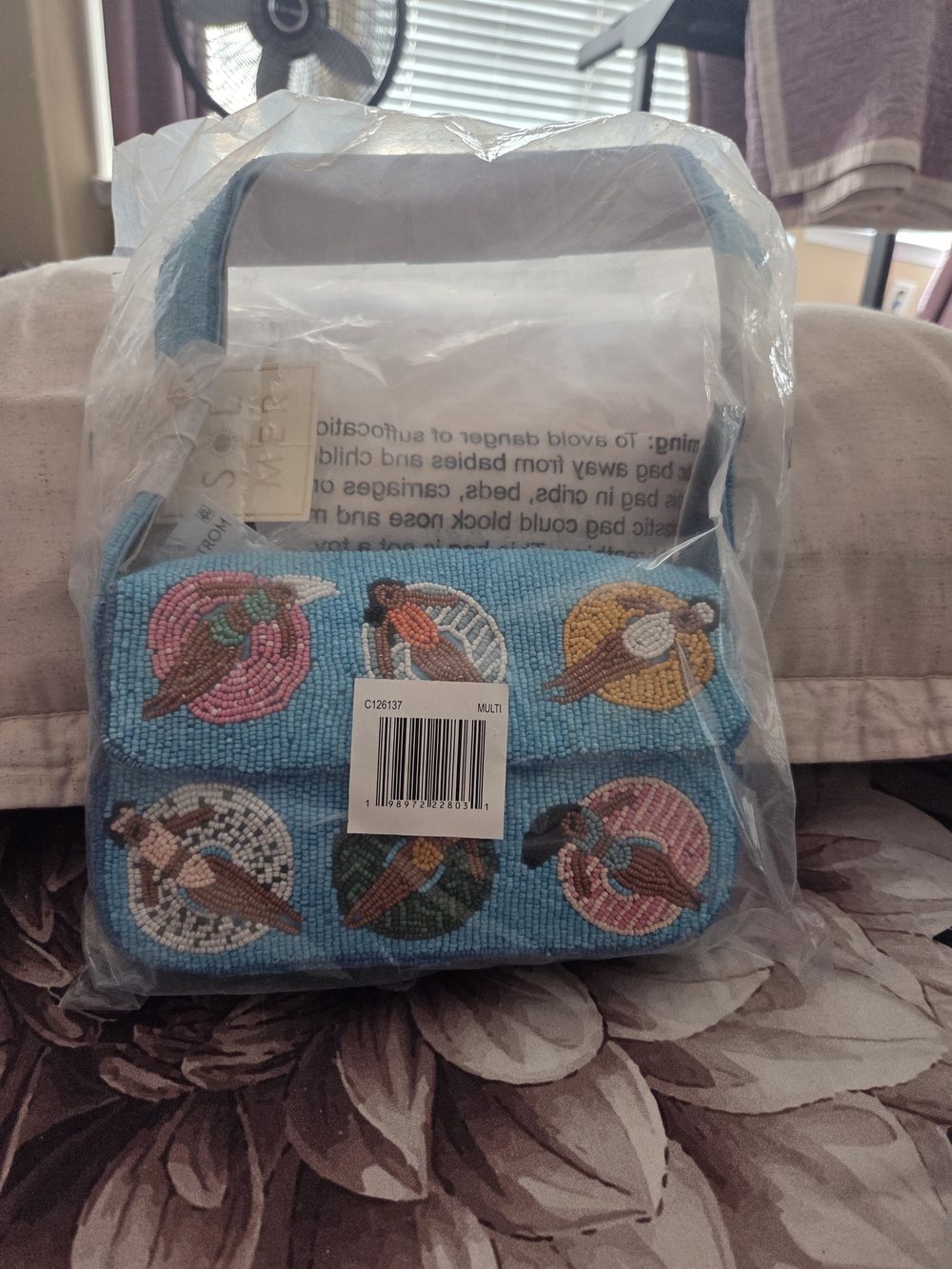 Beaded Parrot Mini Shoulder Bag - Light Blue
